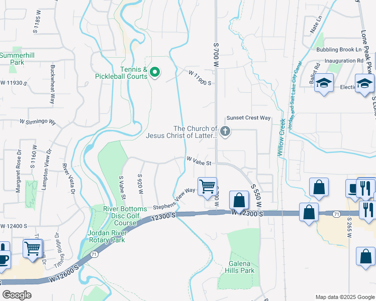 map of restaurants, bars, coffee shops, grocery stores, and more near 12077 Joey Park Circle in Draper