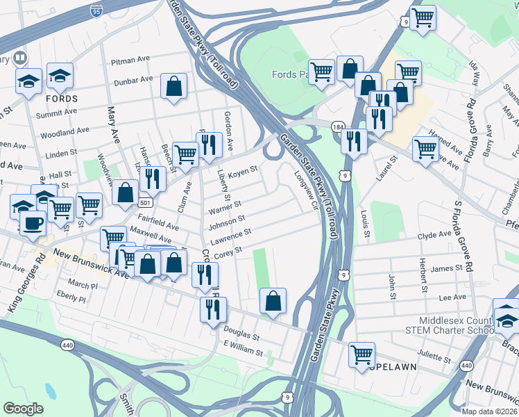 map of restaurants, bars, coffee shops, grocery stores, and more near 78 Johnson Street in Woodbridge Township