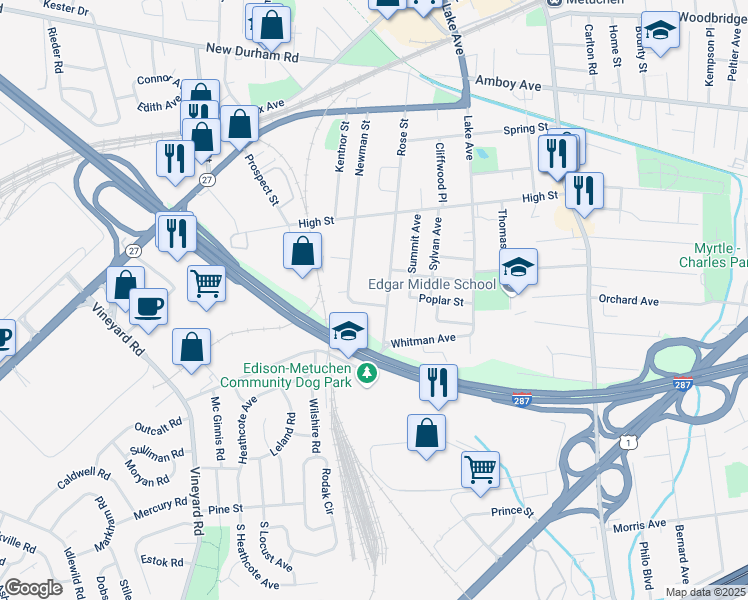 map of restaurants, bars, coffee shops, grocery stores, and more near 262 Newman Street in Metuchen