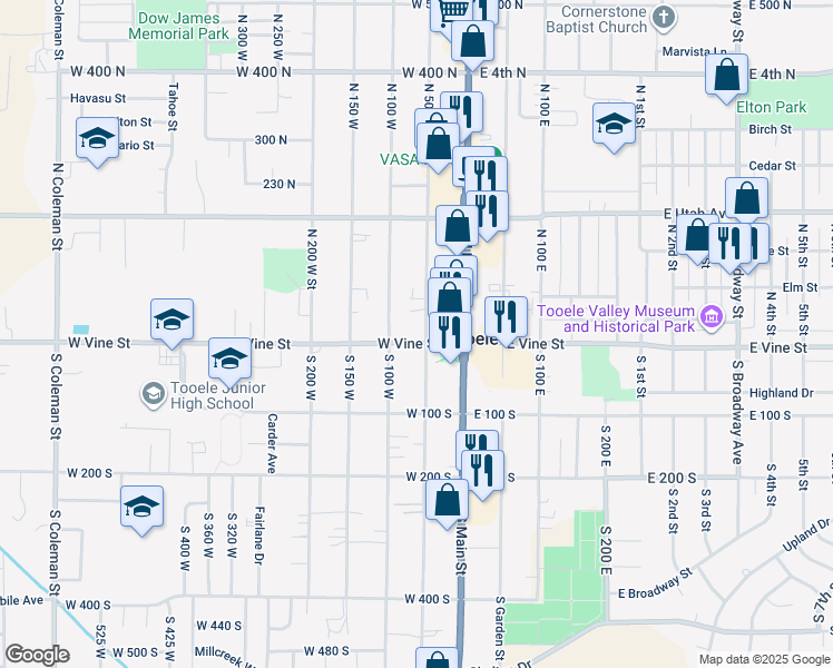 map of restaurants, bars, coffee shops, grocery stores, and more near 66 West Vine Street in Tooele
