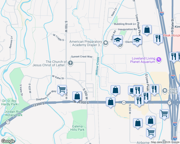 map of restaurants, bars, coffee shops, grocery stores, and more near 12092 Draper Ridge Drive in Draper