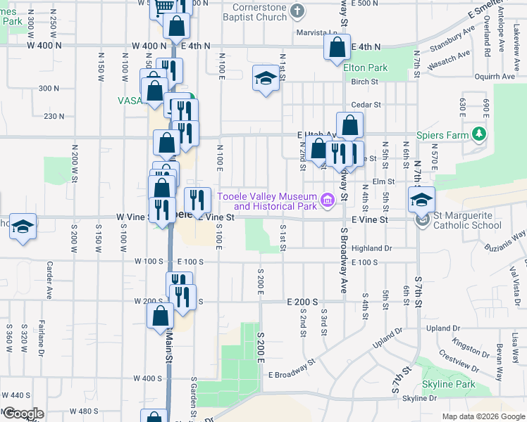 map of restaurants, bars, coffee shops, grocery stores, and more near 117 East Pinehurst Street in Tooele