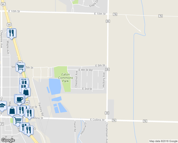 map of restaurants, bars, coffee shops, grocery stores, and more near South 5th Street in Eaton