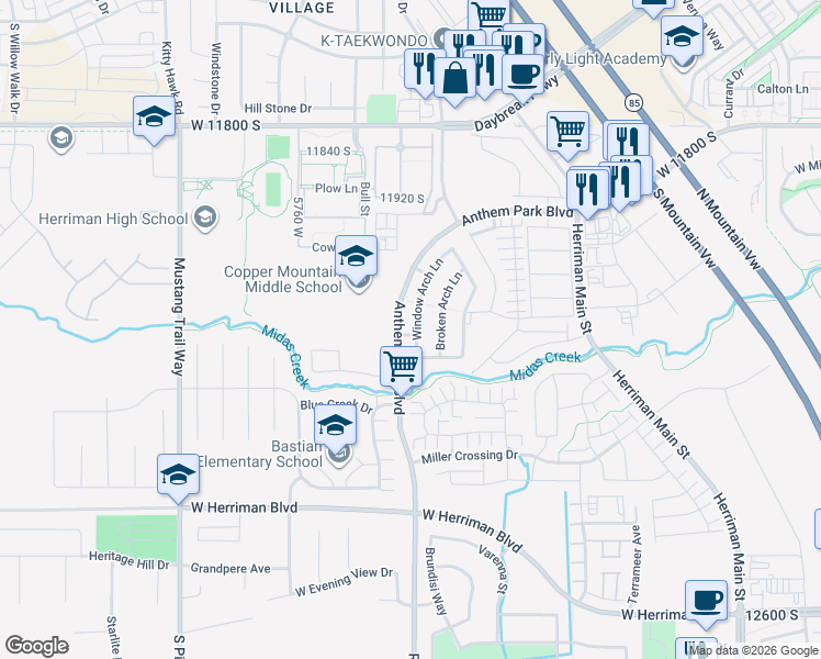 map of restaurants, bars, coffee shops, grocery stores, and more near 12106 Anthem Park Boulevard in Herriman