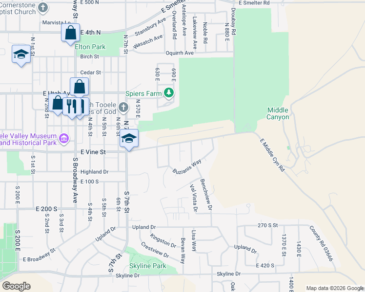 map of restaurants, bars, coffee shops, grocery stores, and more near 10 Benchview Drive in Tooele