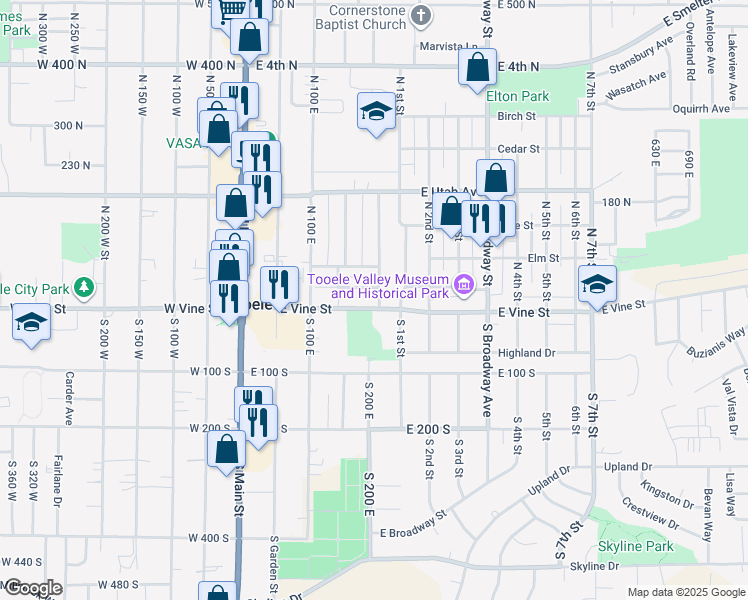 map of restaurants, bars, coffee shops, grocery stores, and more near 117 East Pinehurst Street in Tooele