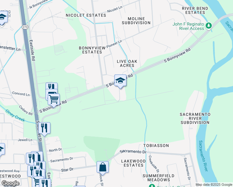 map of restaurants, bars, coffee shops, grocery stores, and more near 5885 East Bonnyview Road in Redding