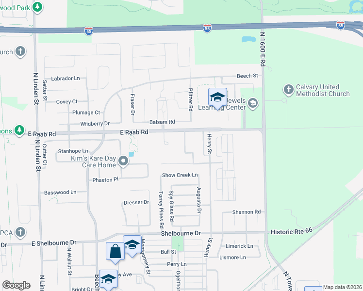 map of restaurants, bars, coffee shops, grocery stores, and more near 1635 Cheyenne Lane in Normal