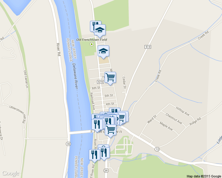 map of restaurants, bars, coffee shops, grocery stores, and more near 28 6th St in Frenchtown