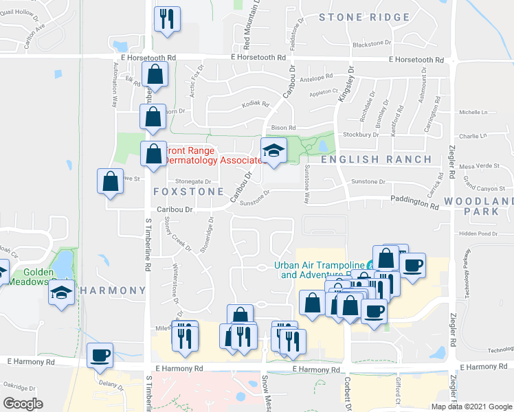 map of restaurants, bars, coffee shops, grocery stores, and more near 2437 Sunstone Drive in Fort Collins