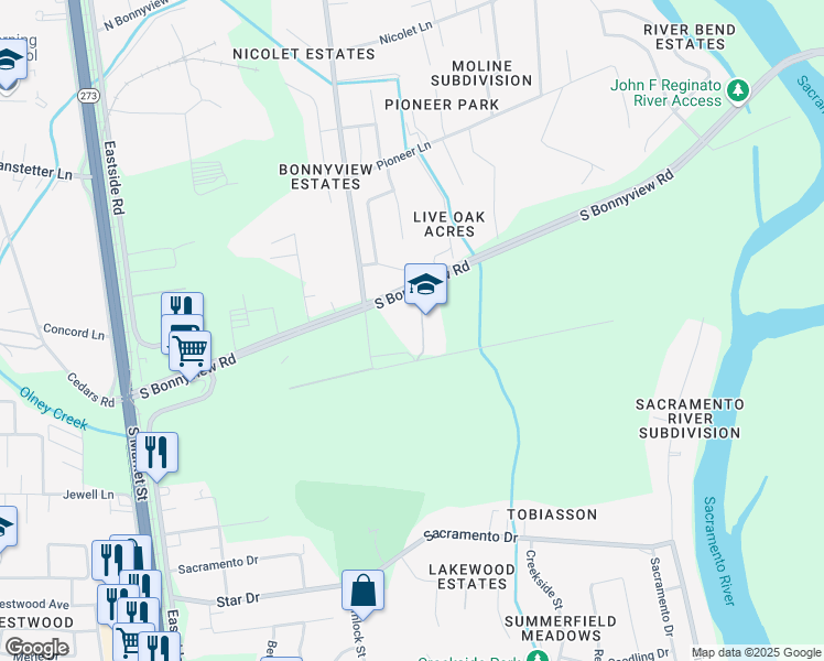 map of restaurants, bars, coffee shops, grocery stores, and more near 5885 East Bonnyview Road in Redding