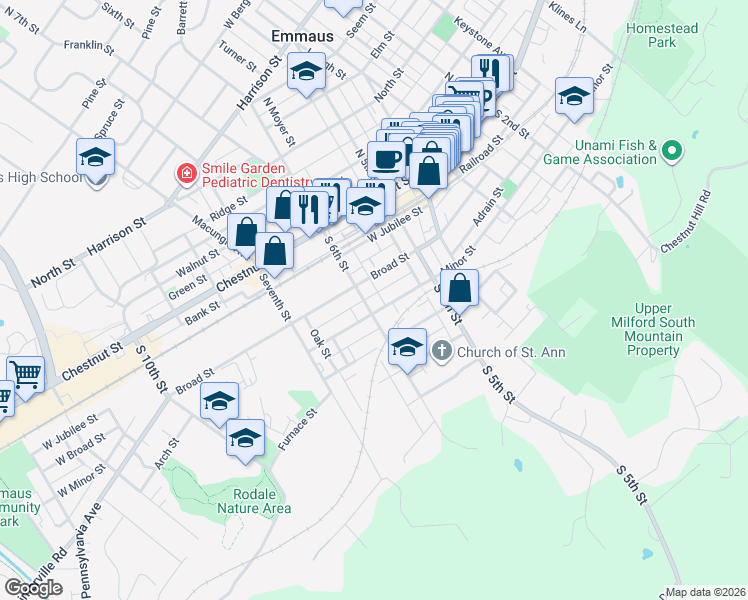 map of restaurants, bars, coffee shops, grocery stores, and more near 554 Broad Street in Emmaus