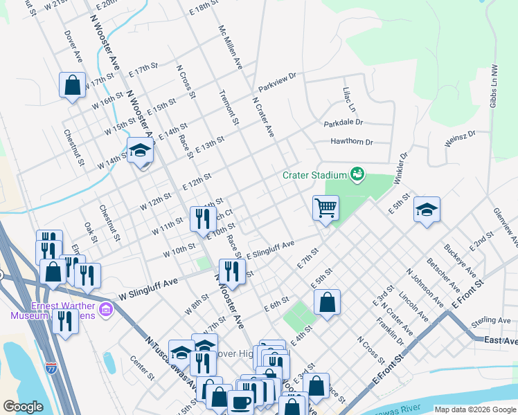 map of restaurants, bars, coffee shops, grocery stores, and more near 315 East 10th Street in Dover