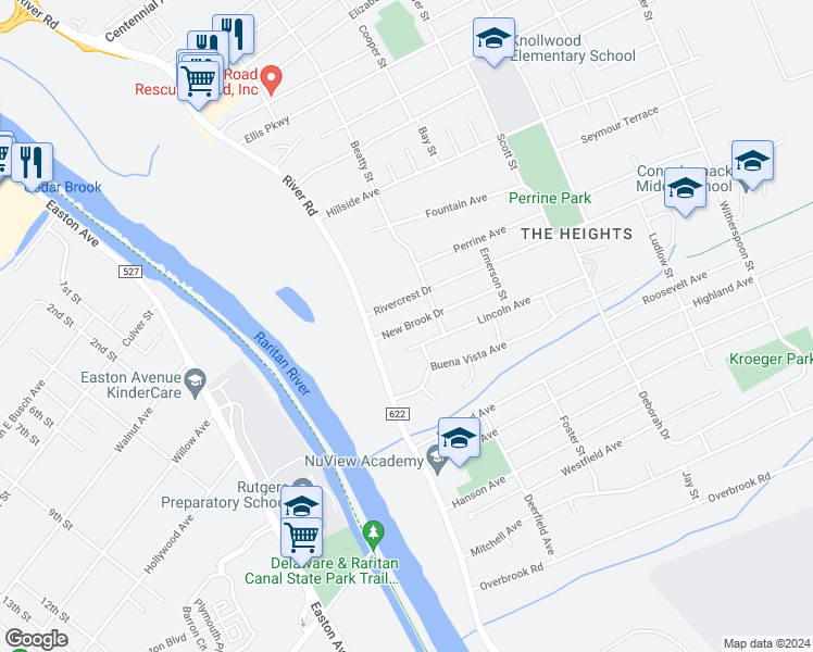 map of restaurants, bars, coffee shops, grocery stores, and more near 40 New Brook Drive in Piscataway Township