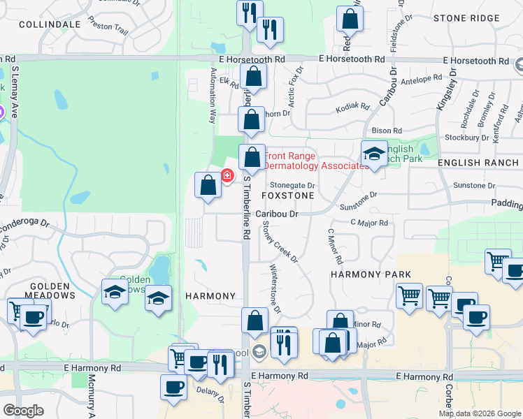 map of restaurants, bars, coffee shops, grocery stores, and more near 2126 Caribou Drive in Fort Collins