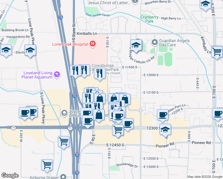 map of restaurants, bars, coffee shops, grocery stores, and more near 12091 Alpine Trail Drive in Draper