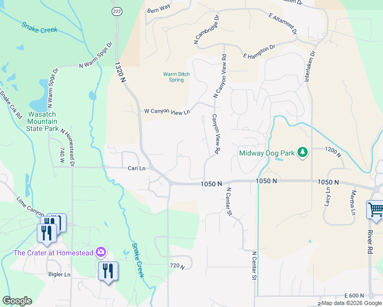 map of restaurants, bars, coffee shops, grocery stores, and more near 1221 Canyon View Road in Midway