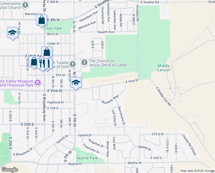 map of restaurants, bars, coffee shops, grocery stores, and more near 11 Quebec Circle in Tooele