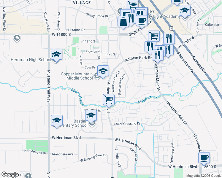 map of restaurants, bars, coffee shops, grocery stores, and more near 12106 Anthem Park Boulevard in Herriman