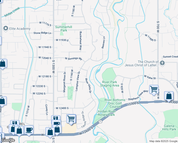 map of restaurants, bars, coffee shops, grocery stores, and more near 12123 River Vista Drive in Riverton