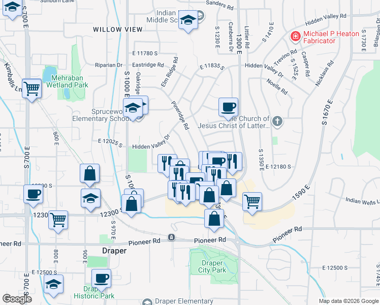 map of restaurants, bars, coffee shops, grocery stores, and more near 12099 Cinnamon Ridge Road in Sandy