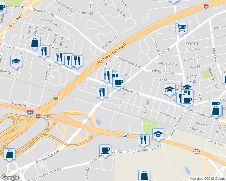 map of restaurants, bars, coffee shops, grocery stores, and more near 3181 Woodbridge Avenue in Edison