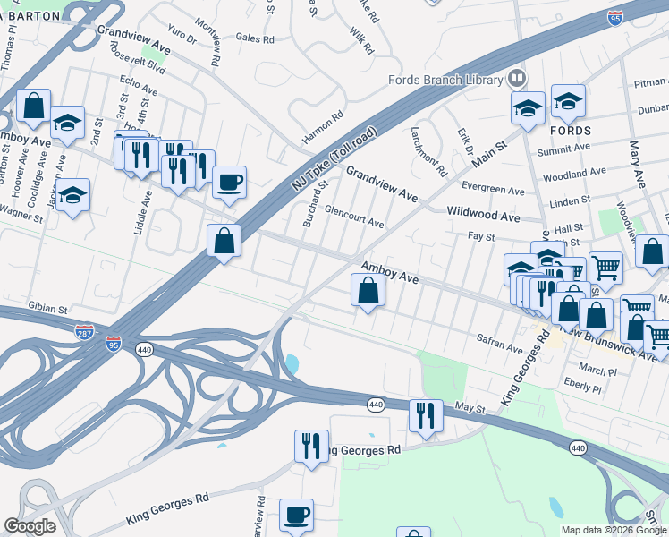 map of restaurants, bars, coffee shops, grocery stores, and more near 3181 Woodbridge Avenue in Edison