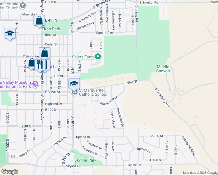 map of restaurants, bars, coffee shops, grocery stores, and more near 10 Benchview Drive in Tooele