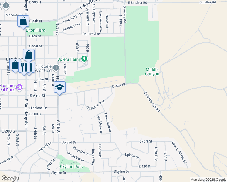 map of restaurants, bars, coffee shops, grocery stores, and more near 19 South 820 East in Tooele