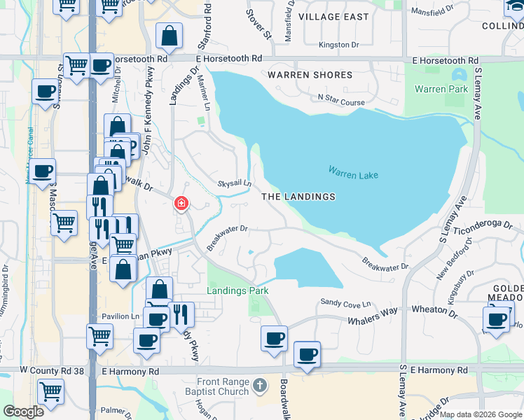 map of restaurants, bars, coffee shops, grocery stores, and more near 624 Skysail Lane in Fort Collins