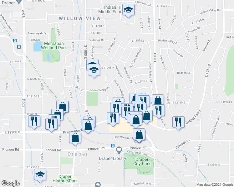 map of restaurants, bars, coffee shops, grocery stores, and more near 12099 Cinnamon Ridge Road in Sandy