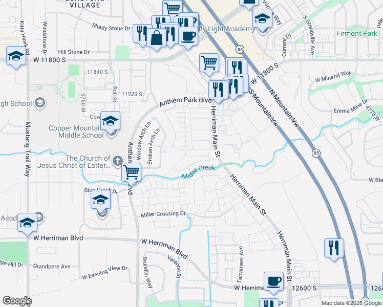 map of restaurants, bars, coffee shops, grocery stores, and more near 5401 Merced River Pl in Herriman