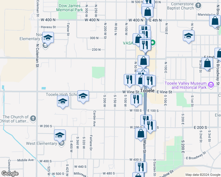 map of restaurants, bars, coffee shops, grocery stores, and more near 45 North 150 West in Tooele