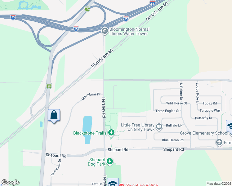 map of restaurants, bars, coffee shops, grocery stores, and more near County Road 1700 North in Normal