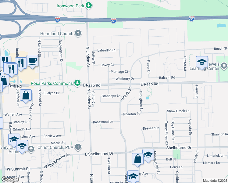 map of restaurants, bars, coffee shops, grocery stores, and more near 402 Carriage Hills Road in Normal