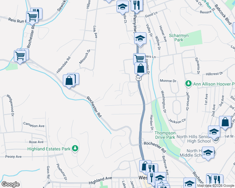 map of restaurants, bars, coffee shops, grocery stores, and more near 7 Hiland Valley Drive in Pittsburgh