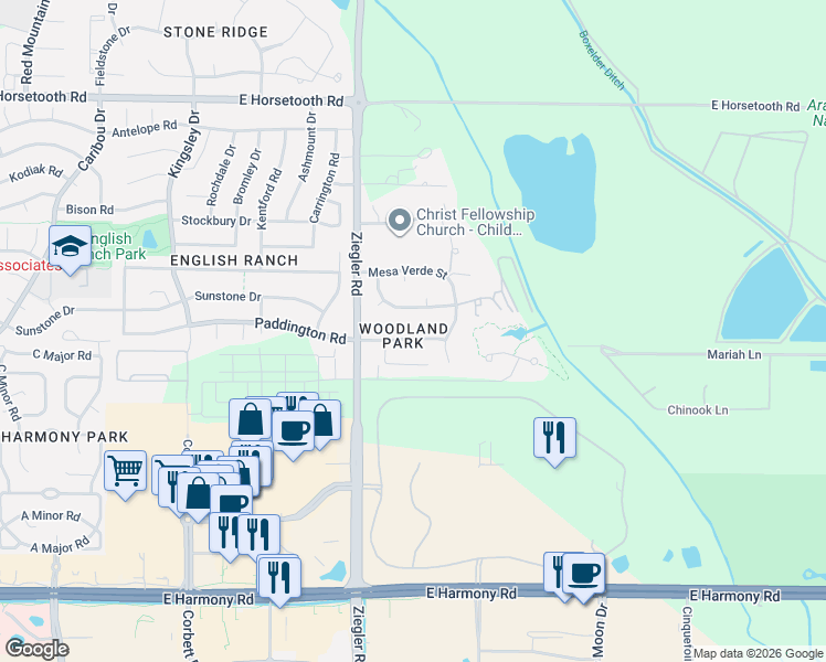 map of restaurants, bars, coffee shops, grocery stores, and more near 3215 Grand Canyon Street in Fort Collins