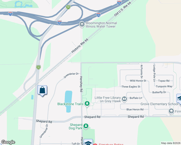 map of restaurants, bars, coffee shops, grocery stores, and more near County Road 1700 North in Normal