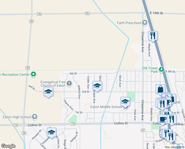map of restaurants, bars, coffee shops, grocery stores, and more near 1035 5th Street in Eaton