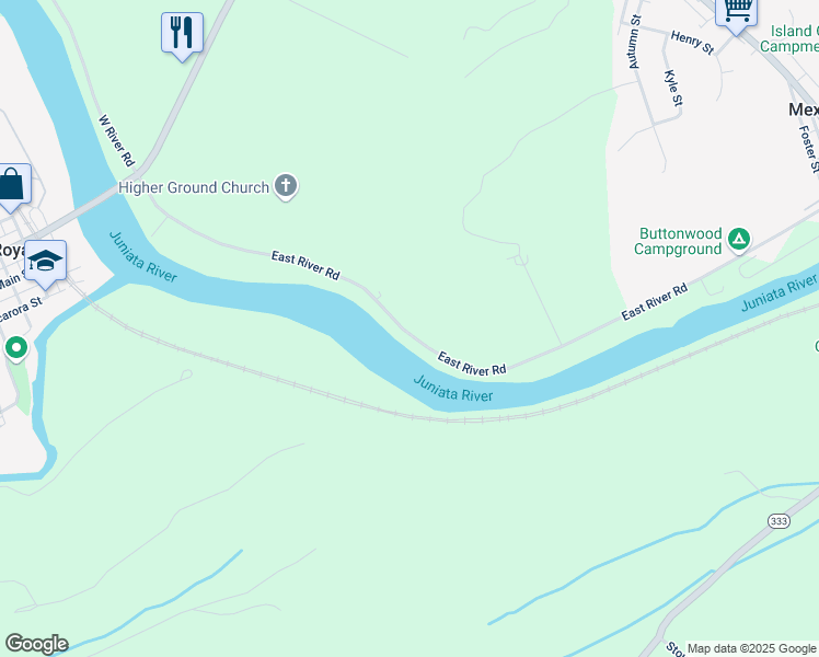 map of restaurants, bars, coffee shops, grocery stores, and more near 659 East River Road in Mifflintown
