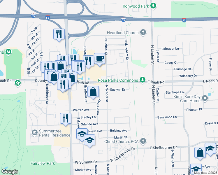 map of restaurants, bars, coffee shops, grocery stores, and more near 301 1/2 West Raab Road in Normal