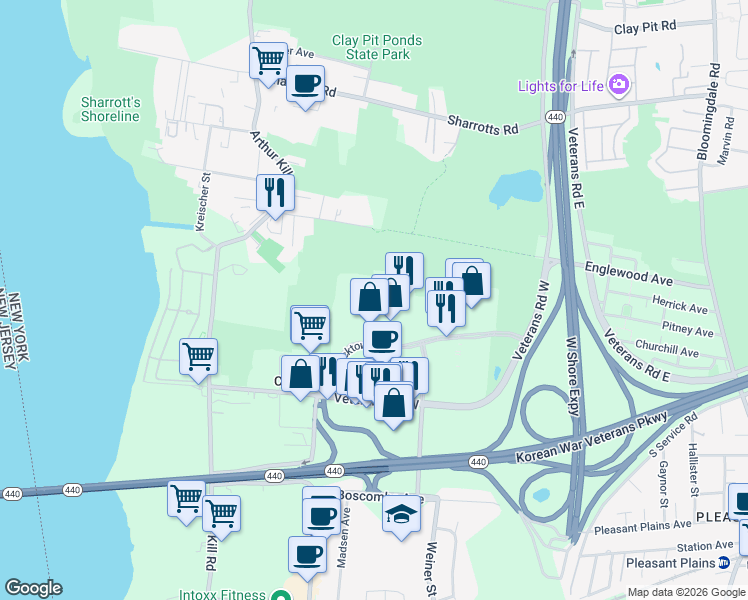 map of restaurants, bars, coffee shops, grocery stores, and more near 225 Bricktown Way in Staten Island