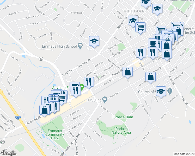 map of restaurants, bars, coffee shops, grocery stores, and more near 50 North 9th Street in Emmaus