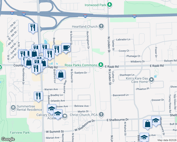 map of restaurants, bars, coffee shops, grocery stores, and more near 109 West Raab Road in Normal