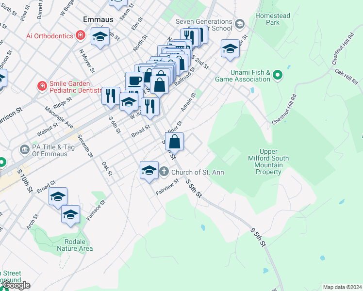 map of restaurants, bars, coffee shops, grocery stores, and more near 302 South 4th Street in Emmaus