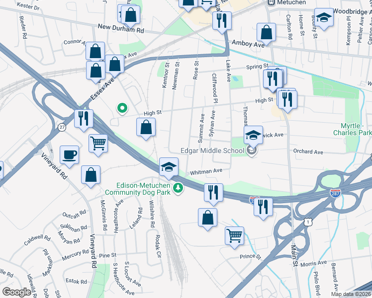 map of restaurants, bars, coffee shops, grocery stores, and more near 281 Rose Street in Metuchen