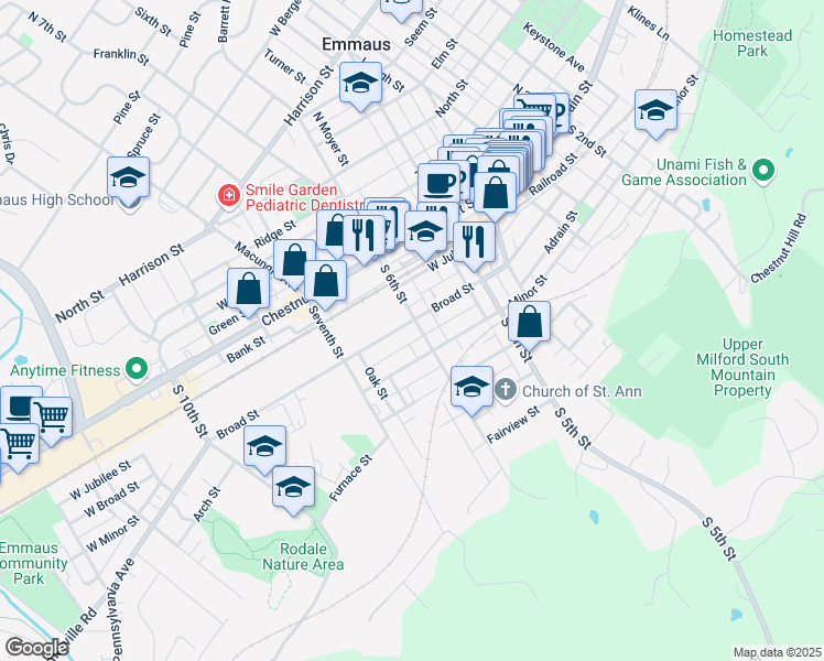 map of restaurants, bars, coffee shops, grocery stores, and more near 50 South 6th Street in Emmaus