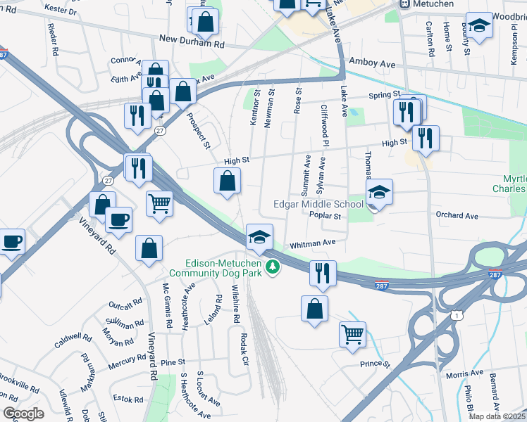 map of restaurants, bars, coffee shops, grocery stores, and more near 230 Newman Street in Metuchen