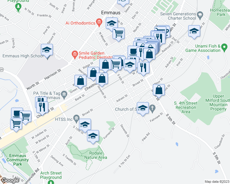 map of restaurants, bars, coffee shops, grocery stores, and more near 633 Broad Street in Emmaus