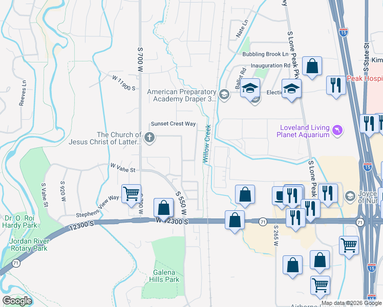 map of restaurants, bars, coffee shops, grocery stores, and more near 12054 Draper Ridge Drive in Draper